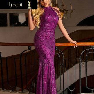 الأرجواني الترتر الوقوف الياقة سلسلة اللباس الرسمي