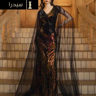 فستان رسمي بأكمام شبكية سوداء