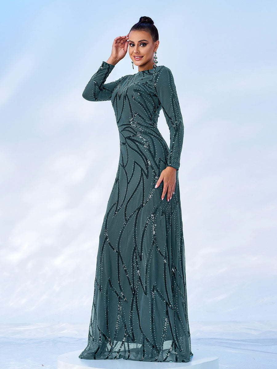 فستان أسود بأكمام طويلة وقصة A ومزين بالترتر XJ1962 - Image 19